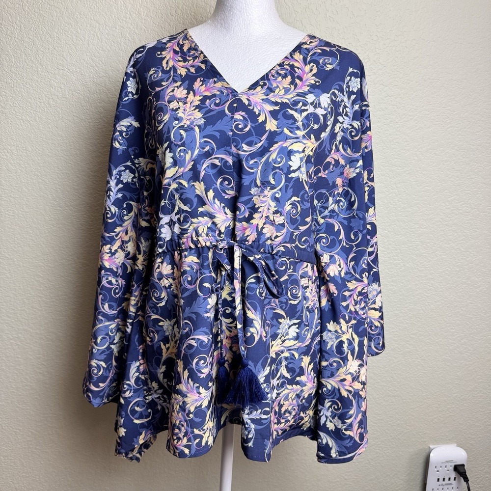 Diane Gilman Blouse Womens XS Blue Floral Peasant Tunic Drawstring Bell Sleeve